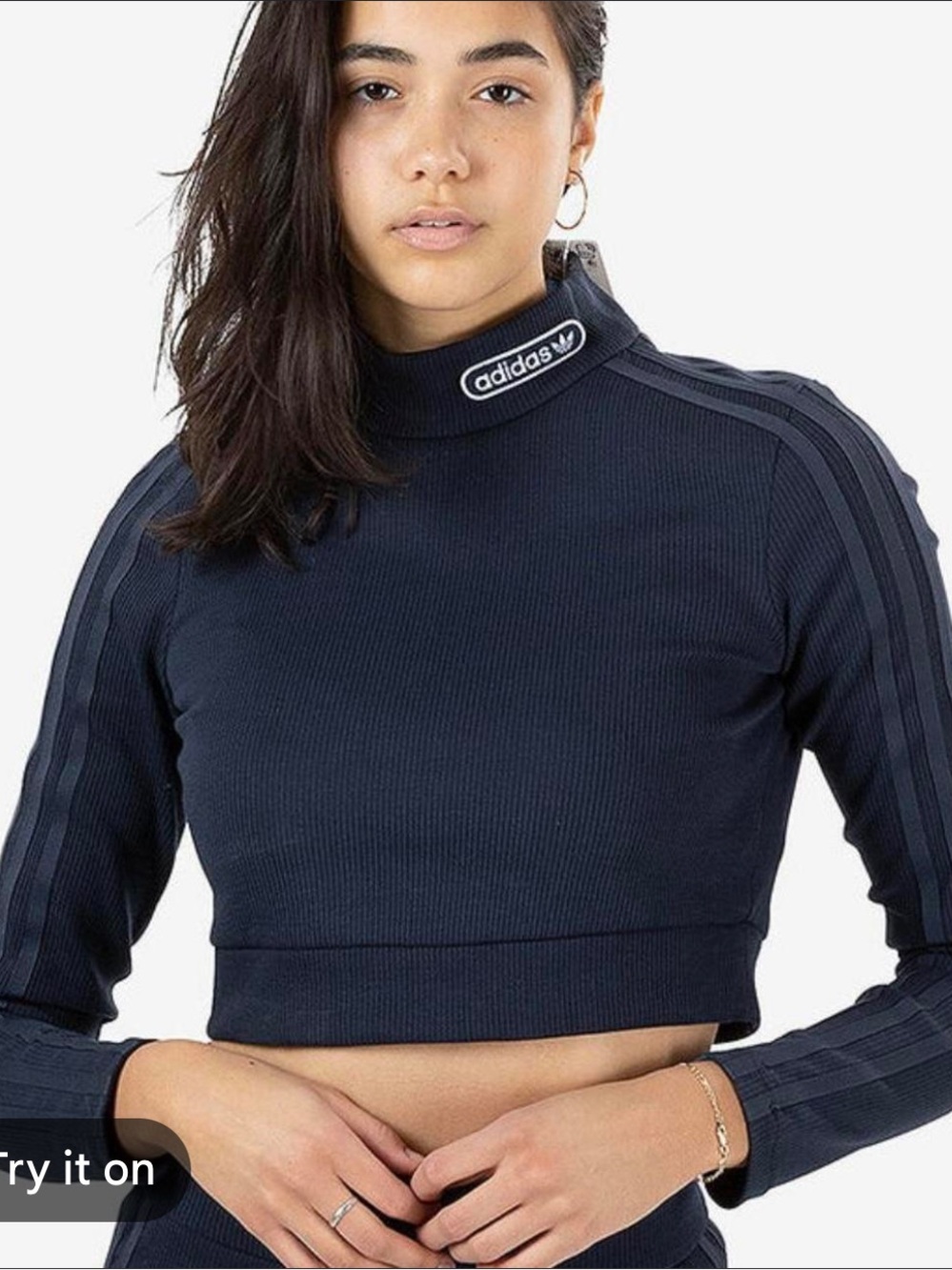 adidas Navy Ribbed Cropped Mock Neck Top xs